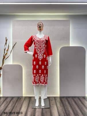 Red Embroidered Cotton Thread Rayon Palazo Kurtis