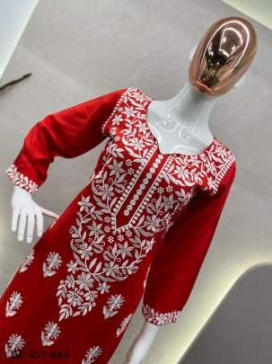 Red Embroidered Cotton Thread Rayon Palazo Kurtis
