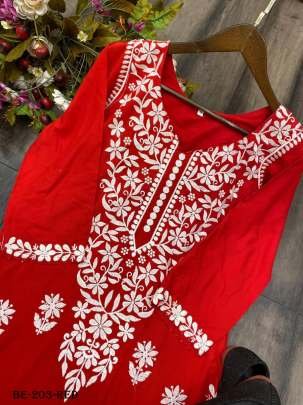 Red Embroidered Cotton Thread Rayon Palazo Kurtis