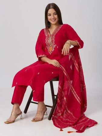 Red Embroidered Kurta with Pant And Dupatta for Women