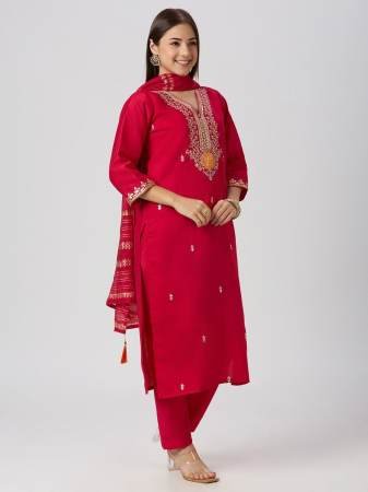 Red Embroidered Kurta with Pant And Dupatta for Women