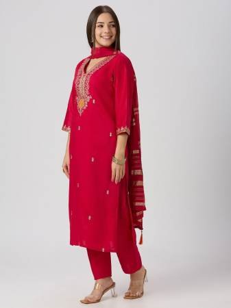Red Embroidered Kurta with Pant And Dupatta for Women