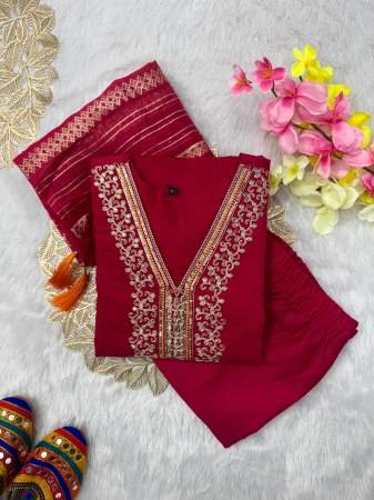 Red Embroidered Kurta with Pant And Dupatta for Women
