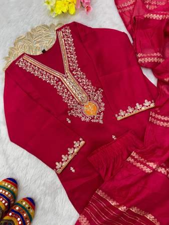 Red Embroidered Kurta with Pant And Dupatta for Women