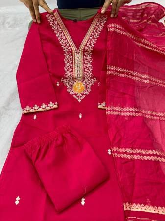 Red Embroidered Kurta with Pant And Dupatta for Women