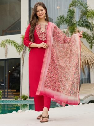 Red Embroidered Kurta Set with Printed Dupatta