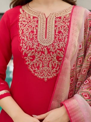 Red Embroidered Kurta Set with Printed Dupatta