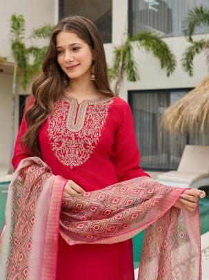 Red Embroidered Kurta Set with Printed Dupatta