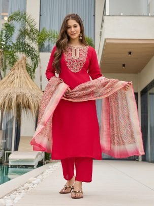 Red Embroidered Kurta Set with Printed Dupatta
