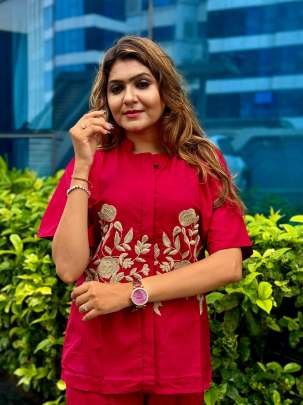 Red Embroidery Work Rich Look Imported Cord Set