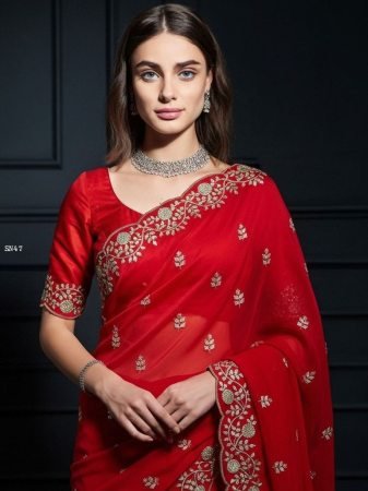 Red Fendy Satin Silk Saree with Sequins And Jaipuri Dori Work