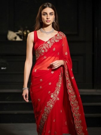 Red Fendy Satin Silk Saree with Sequins And Jaipuri Dori Work