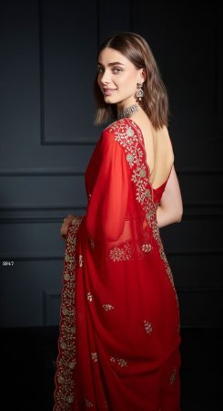 Red Fendy Satin Silk Saree with Sequins And Jaipuri Dori Work