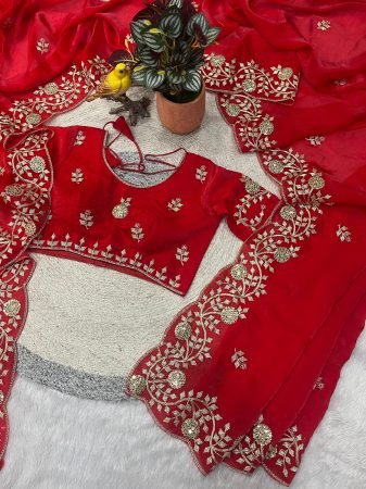Red Fendy Satin Silk Saree with Sequins And Jaipuri Dori Work