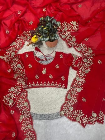 Red Fendy Satin Silk Saree with Sequins And Jaipuri Dori Work