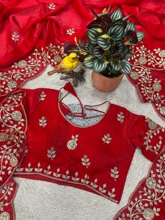 Red Fendy Satin Silk Saree with Sequins And Jaipuri Dori Work