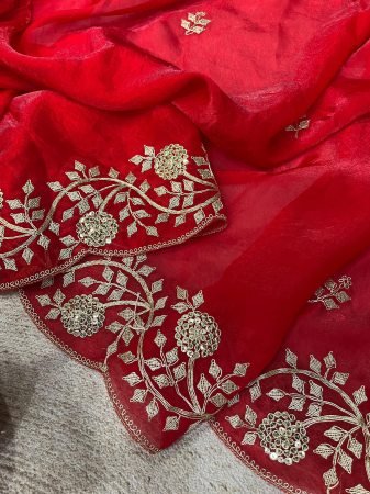 Red Fendy Satin Silk Saree with Sequins And Jaipuri Dori Work