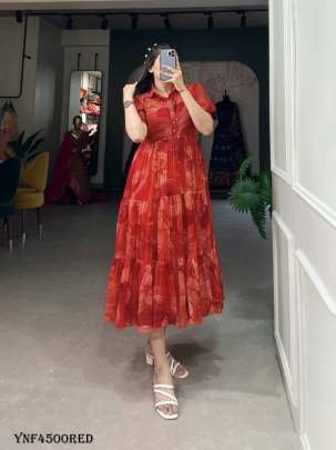 Red Floral Printed Chiffon Western Frock