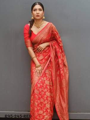 Red Flower Work Copper Zari Pure Silk Saree