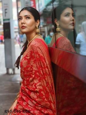 Red Flower Work Copper Zari Pure Silk Saree