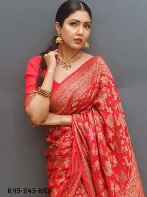 Red Flower Work Copper Zari Pure Silk Saree