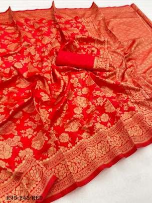 Red Flower Work Copper Zari Pure Silk Saree