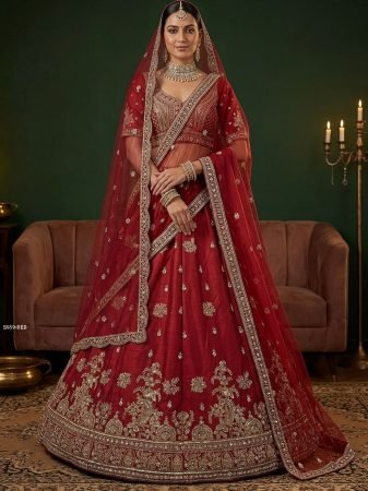 Red Gadhwal Silk Bridal Lehenga Choli with Zari Embroidery And Net Dupatta