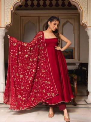 Red Georgette Anarkali suits with dupatta