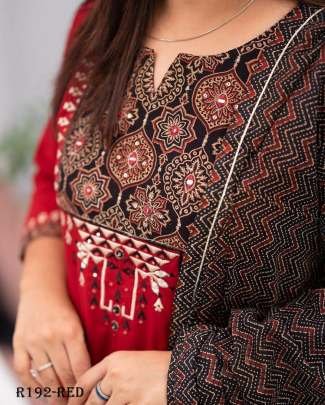 Red Handblock Printed Rayon Kurtis With Palazo