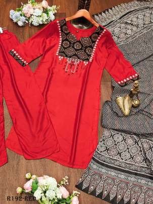 Red Handblock Printed Rayon Kurtis With Palazo