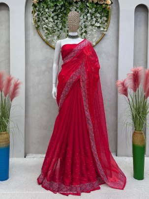 red jimmy choo diamond work saree