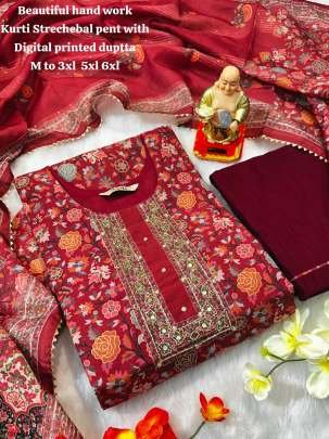 Red Muslin Silk Hand Work Kurti Pant Dupatta Set