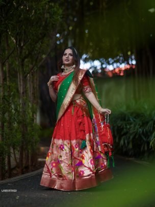 Red Paithani Jacquard Silk Lehenga Choli With Hand Work Blouse