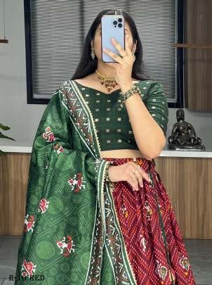 Red Patola And Bandhani Print Tussar Silk Lehenga Choli With Green Blouse