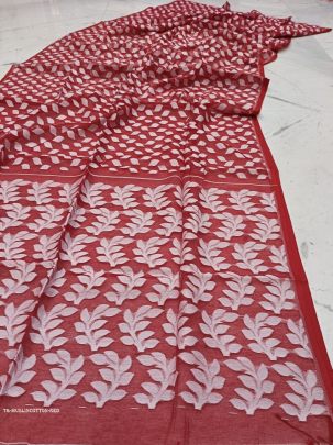 Red Pearl Print Jharapata Muslin Cotton Soft Jamdani Saree