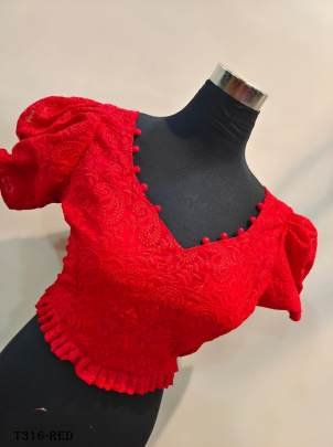 Red Pompom Chikankari Hakoba With Interlock Blouse