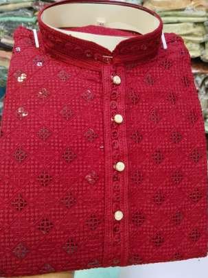 Red Rayon Sequence Work Kurta And Pyjama