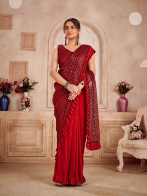 Red Ready To Wear Saree with Sequence Blouse-108152 A