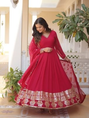 Red Readymade Sequins Faux Blooming Gown with Dupatta