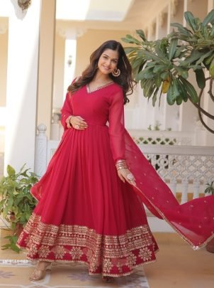 Red Readymade Sequins Faux Blooming Gown with Dupatta