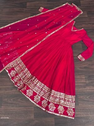 Red Readymade Sequins Faux Blooming Gown with Dupatta