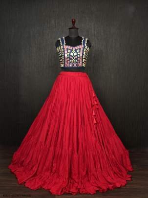 Red Real Mirror Work Rayon Navratri Lehenga Choli With Blue Blouse