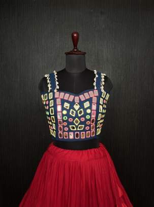 Red Real Mirror Work Rayon Navratri Lehenga Choli With Blue Blouse