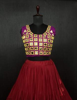 Red Real Mirror Work Rayon Navratri Lehenga Choli With Pink Blouse
