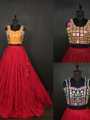 Red Real Mirror Work Rayon Navratri Lehenga Choli With Yellow Blouse
