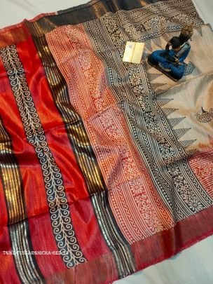 Red Screen Printed Original Tussar Ghicha Silk Saree 14
