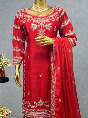 Red Sequence,Embroidery  Work Top Sharara With Dupatta