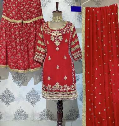 Red Sequence,Embroidery  Work Top Sharara With Dupatta