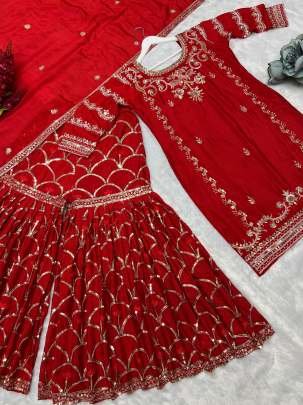 Red Sequence,Embroidery  Work Top Sharara With Dupatta