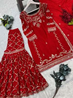 Red Sequence,Embroidery  Work Top Sharara With Dupatta